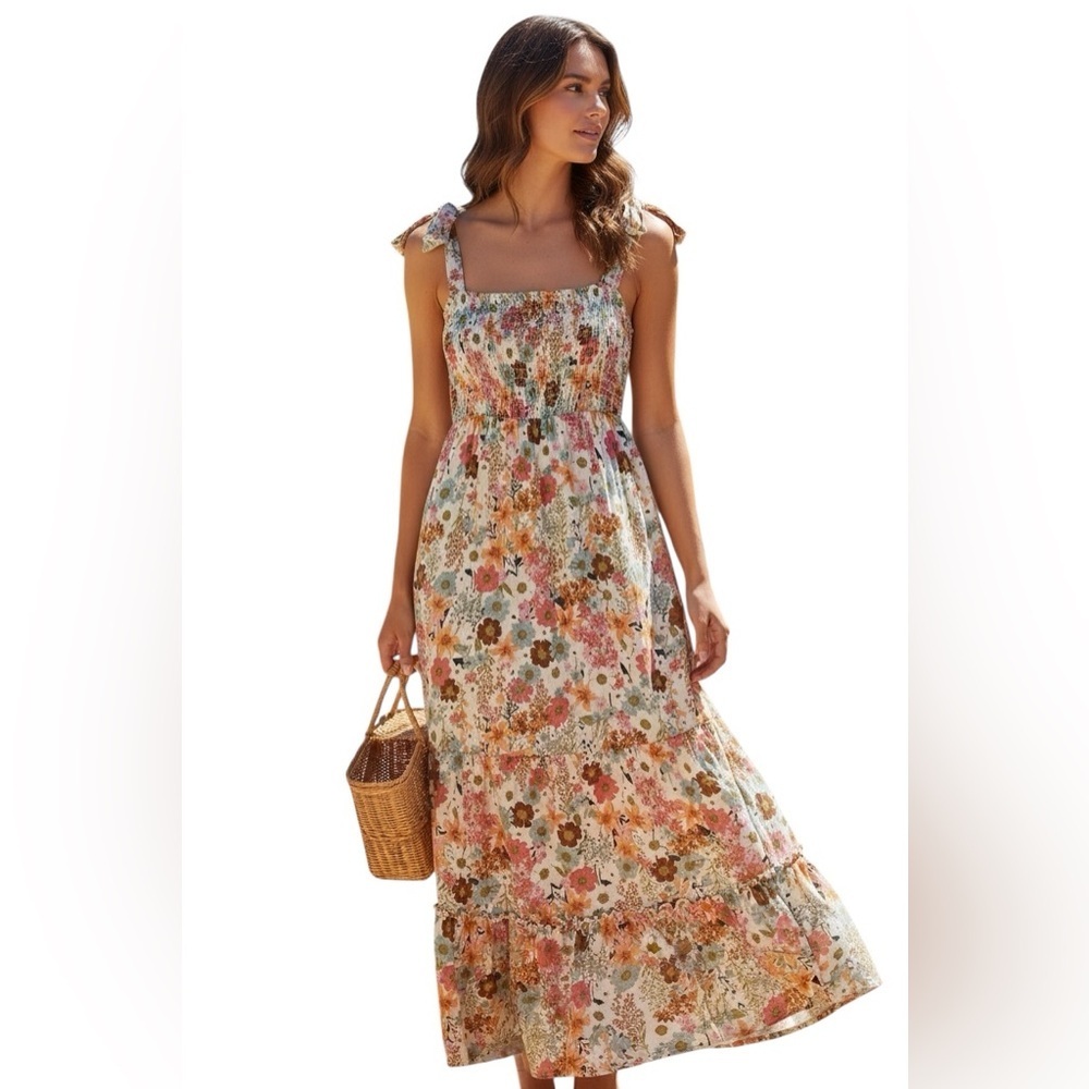 Liberty Love Floral Maxi Dress Smocked Bodice Tie Straps Size S